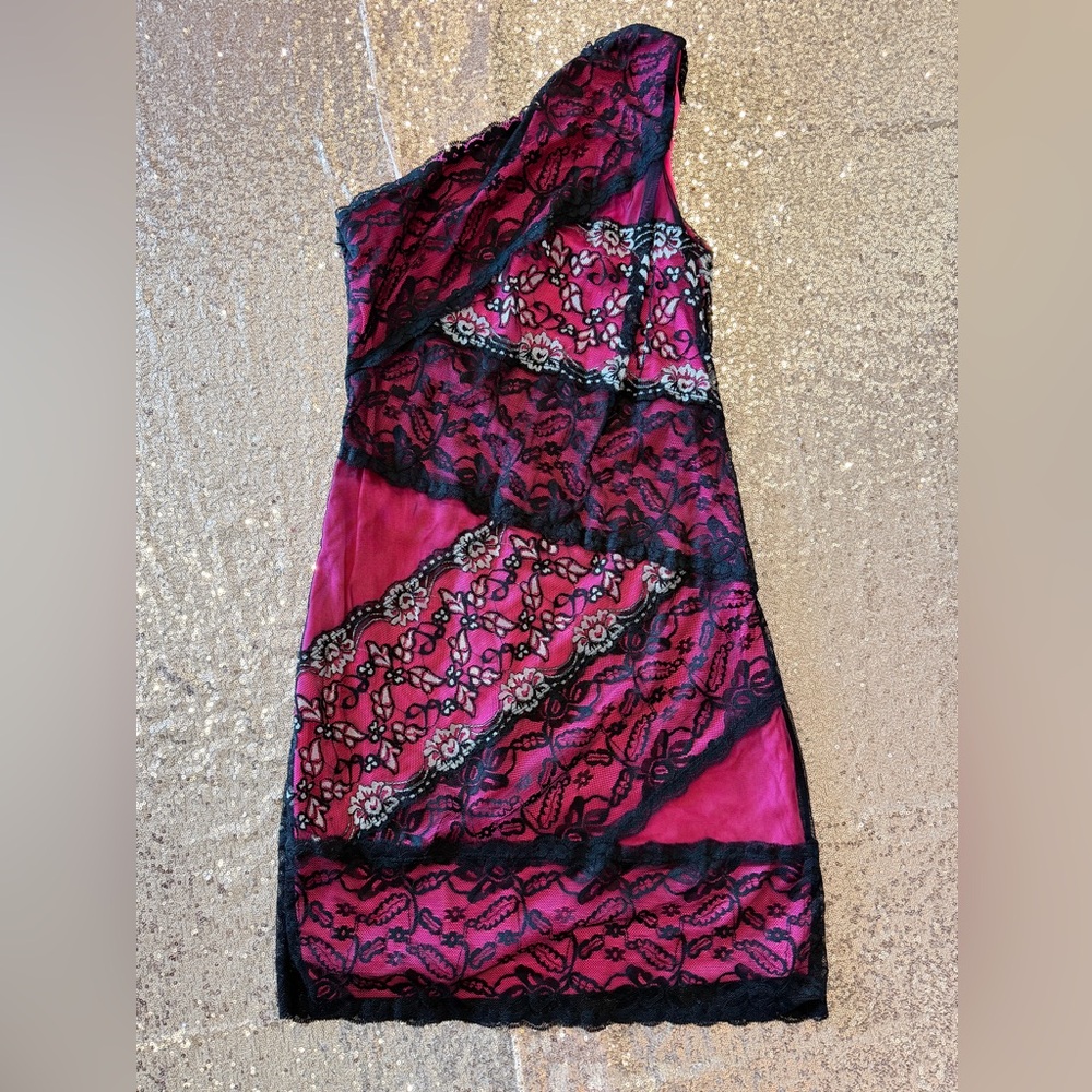 Allen B. By Allen Schwartz Fuchsia and Black One-Shoulder Lace Dress